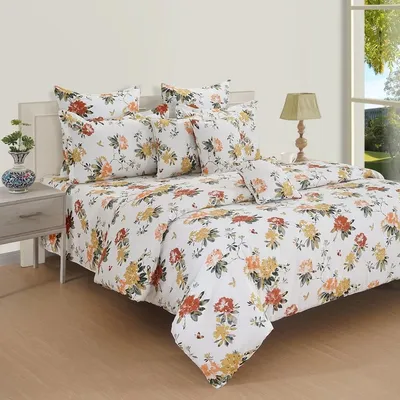 Swayam Ananda White & Yellow Floral Cotton Double Bed Sheet