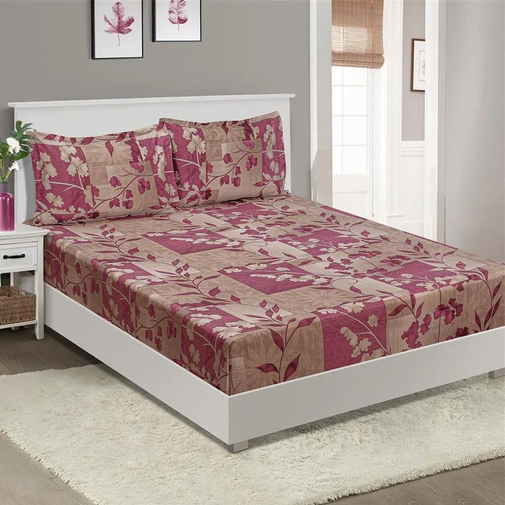 Swayam Auburn Leaf print Veda Fitted Bed Sheet with 2 pillow covers