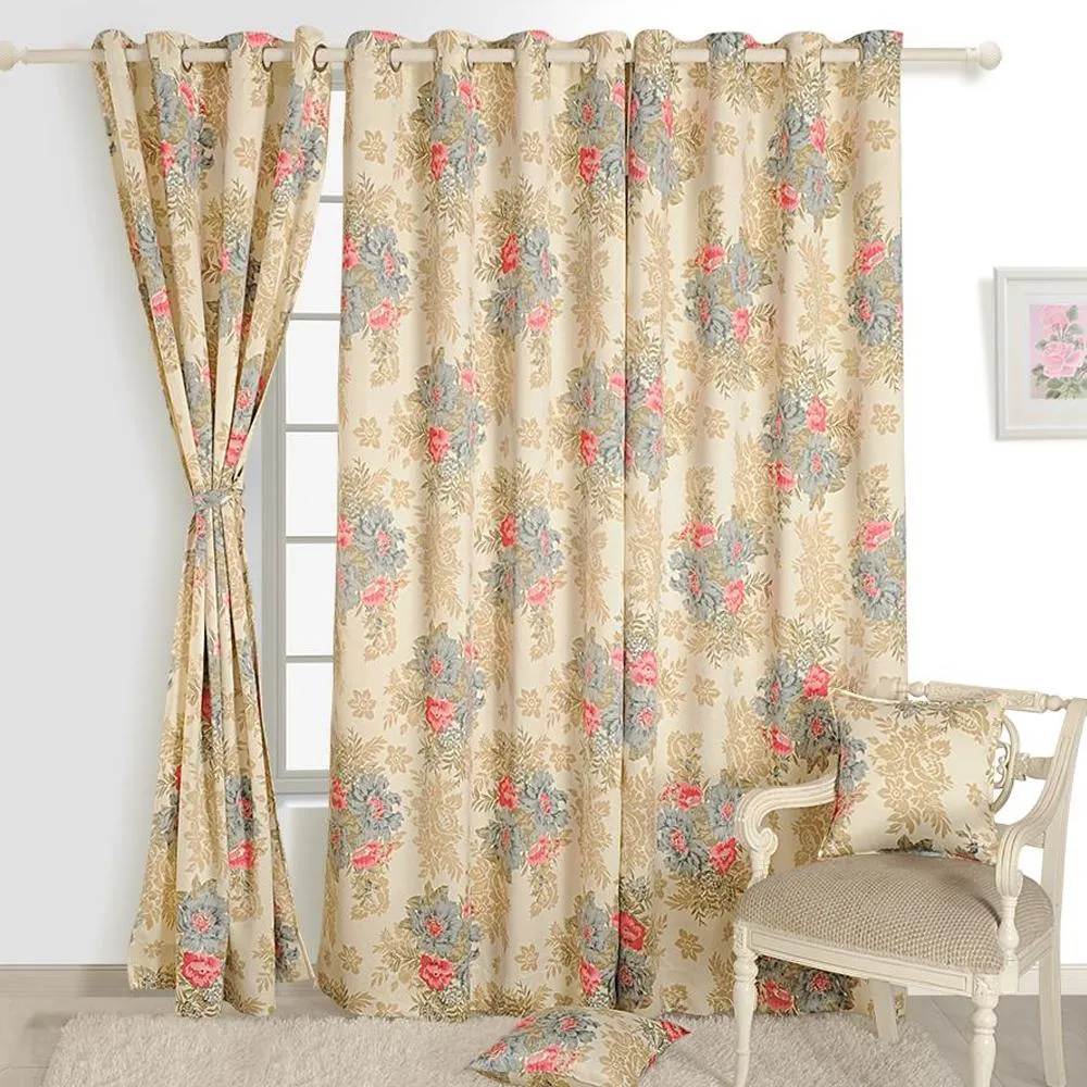 Swayam Floral Beige Sigma Eyelet Door Curtain