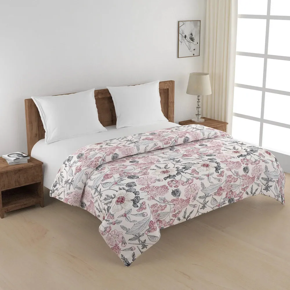 Swayam Floral Design 350 GSM Blended Cotton Double Winter Quilt , Pink and Grey