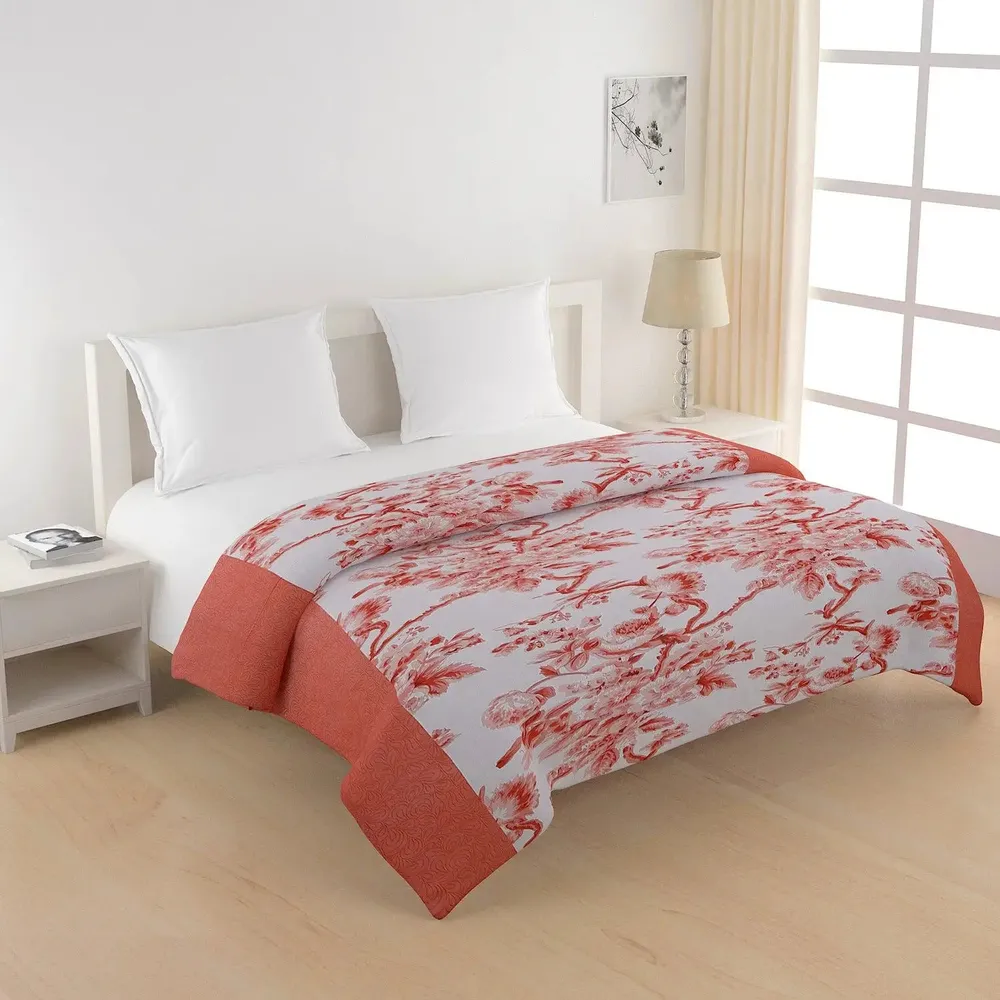 Swayam Floral Design 350 GSM Pure Cotton Double Winter Quilt , Orange and White
