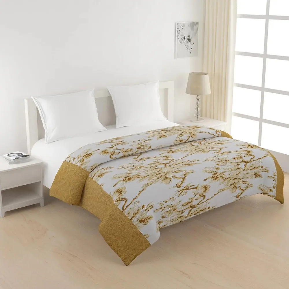 Swayam Floral Design 350 GSM Pure Cotton Double Winter Quilt , Yellow and White