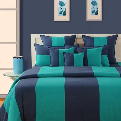 Swayam Magical Linea Striped Green & Blue Double Bedsheet