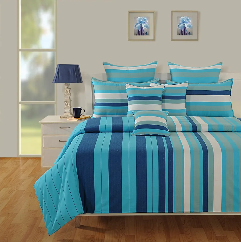 Swayam Magical Linea Striped Navy Blue Fitted Double Bedsheet