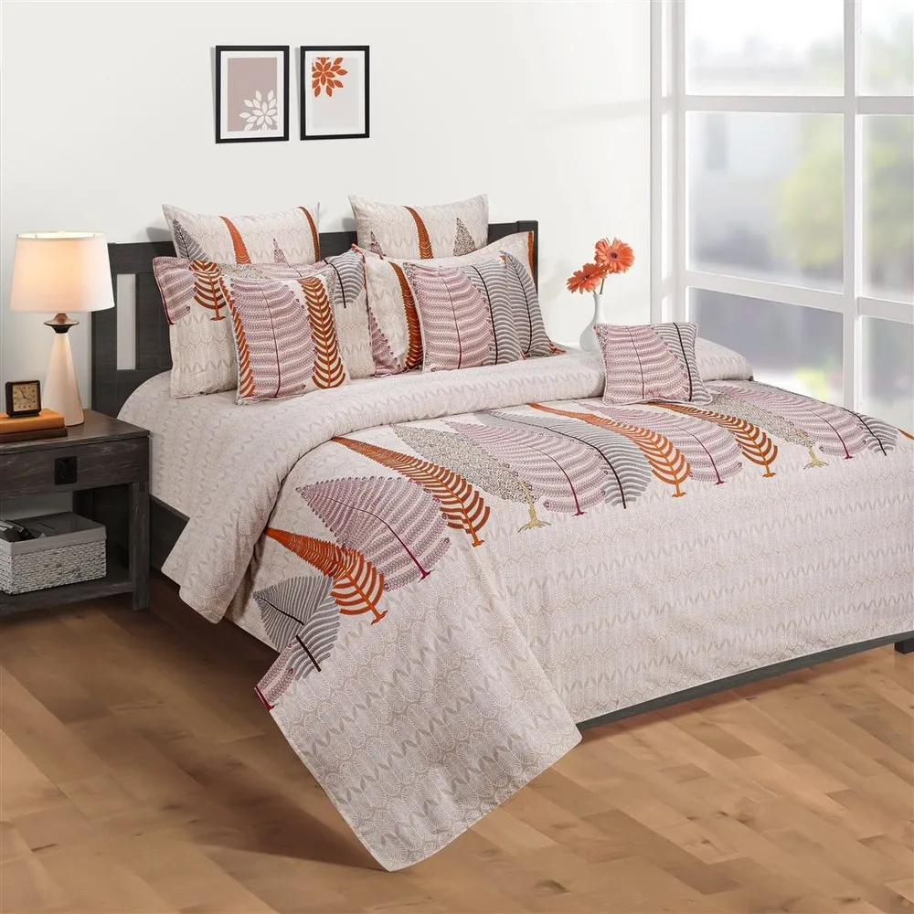 Swayam Orange Fern Print Veda Double Bed Sheet with 2 pillow covers