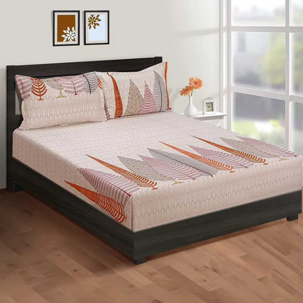 Swayam Orange Fern Print Veda Fitted Bed Sheet with 2 pillow covers