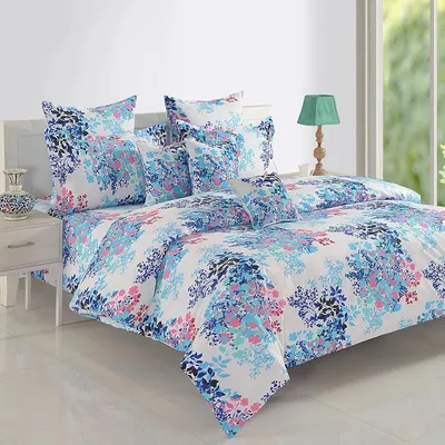 Swayam Veda Floral White &amp; Blue Double Bedsheet