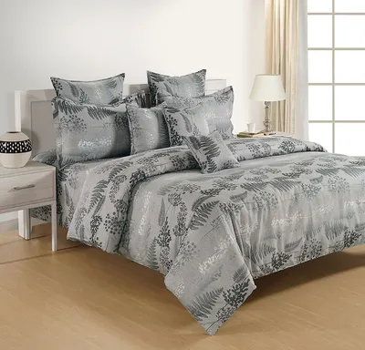 Swayam Zinnia Grey & Black Floral Cotton Fitted Double Bed Sheet