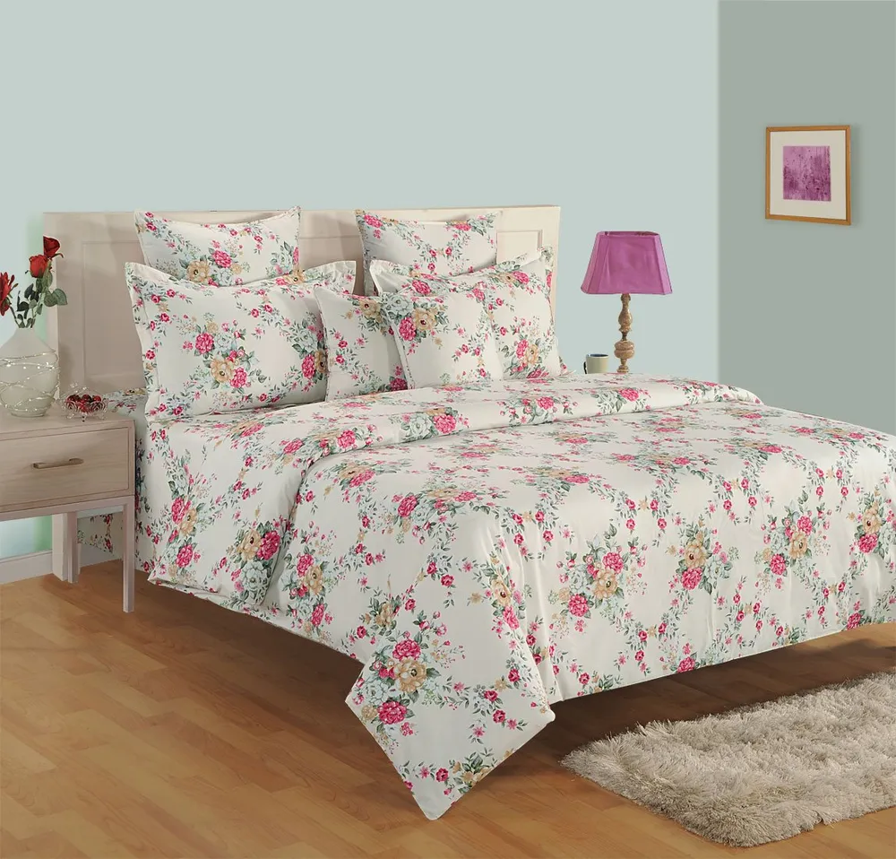 Swayam Zinnia Pink Floral Cotton Fitted Double Bedsheet
