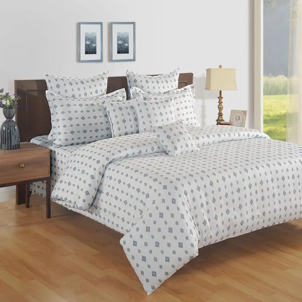 Swayam Zinnia White &amp; Blue Motif Printed Double Bed Set of 4