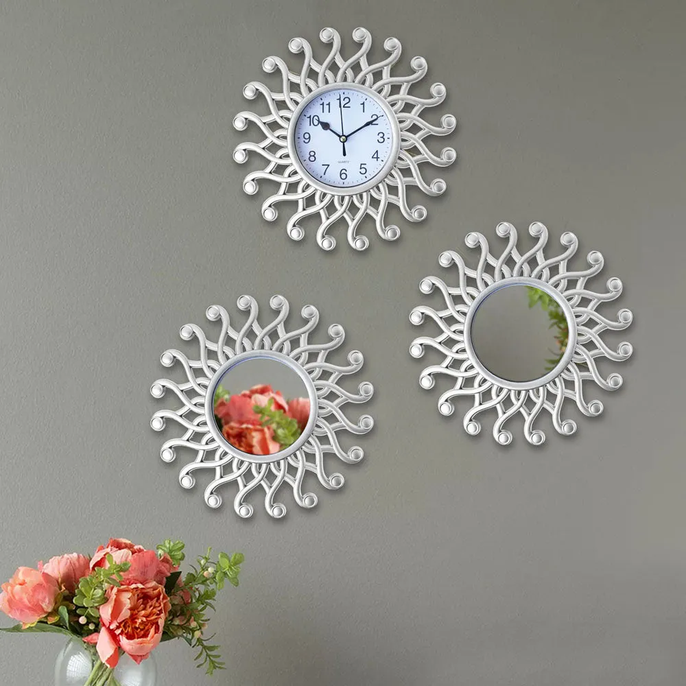 Swirling Round Designer Wall Clock & Mirror Set Of 3