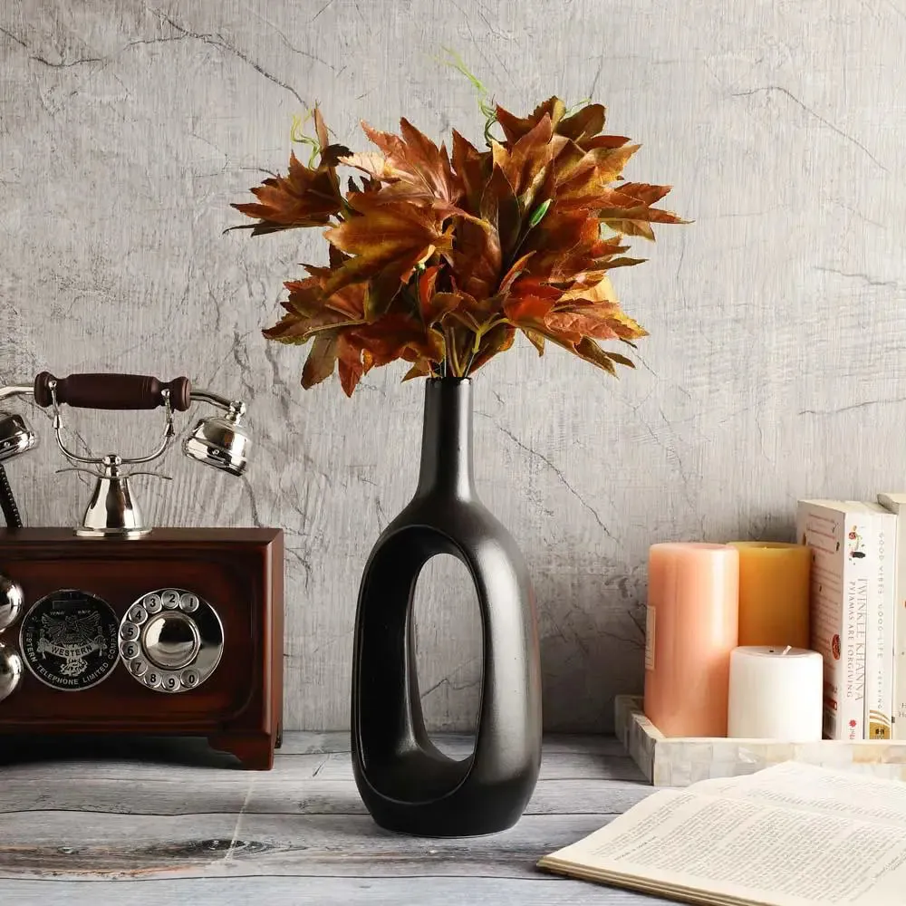 Tall Nordic Motif Black Decorative Ceramic Flower Vase