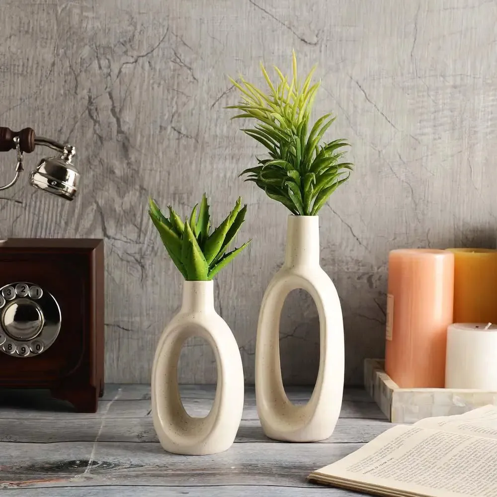 Tall Nordic Motif Off White Decorative Ceramic Flower Vase Set Of 2