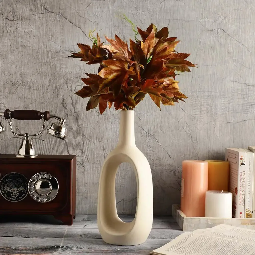 Tall Nordic Motif White Decorative Ceramic Flower Vase