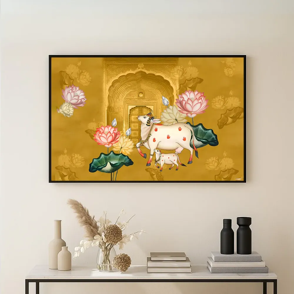 The Auspicious Cow and Calf Premium Canvas Wall Painting