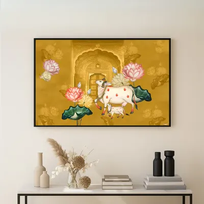 The Auspicious Cow and Calf Premium Canvas Wall Painting