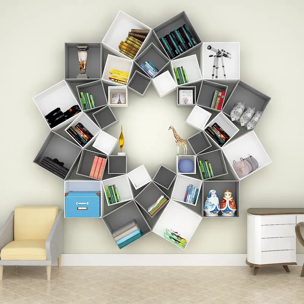 The Lotus Wood Wall Cabinet, Book Shelf, Open Wardrobe, White &amp; Grey Color