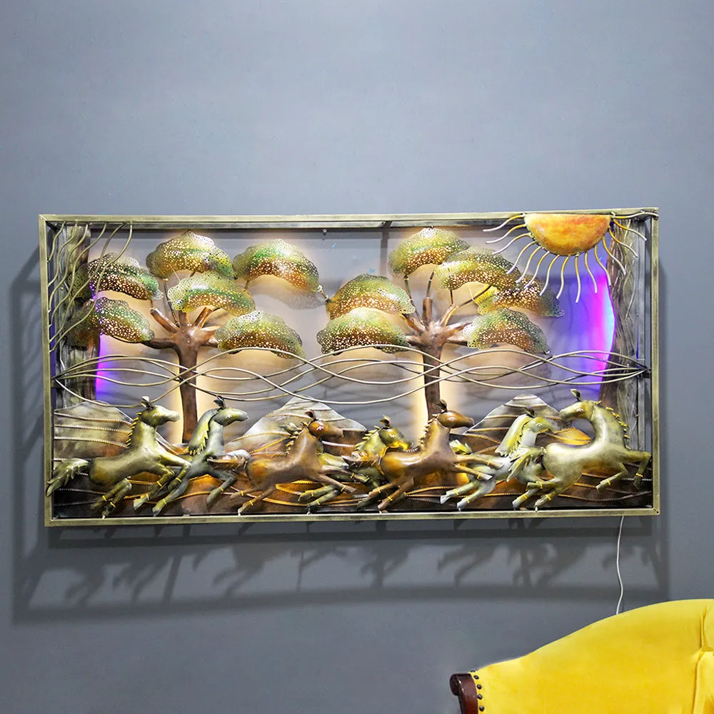 The Seven Horses Landscape Metal Wall Art With LED Lights