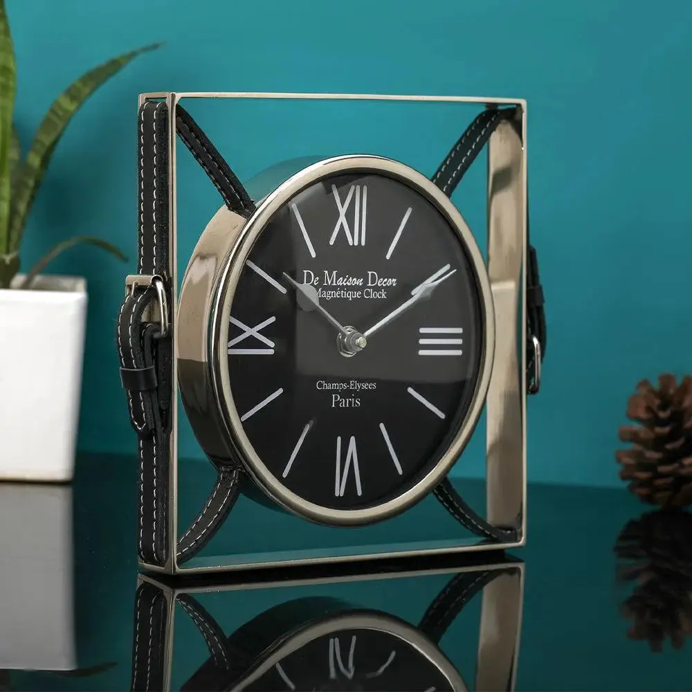 Timeless Silver Straps Table Clock in Black Finish