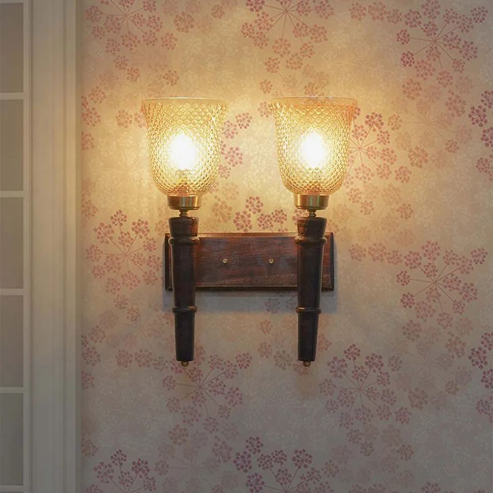 Torch Shaped Durable Polished Wood Minar 2 Lights Wall Sconce