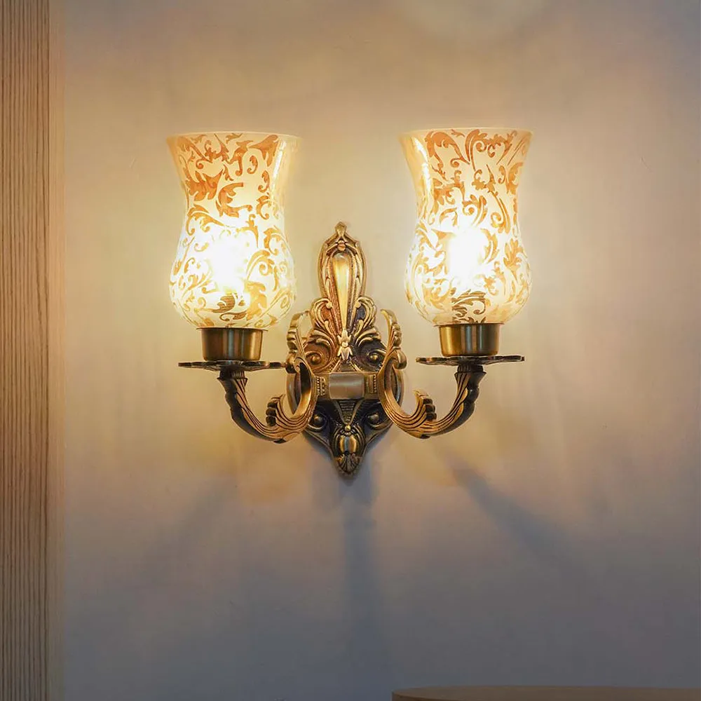 Traditional Antique Gold Etched Glass 2 Lights Wall Sconce
