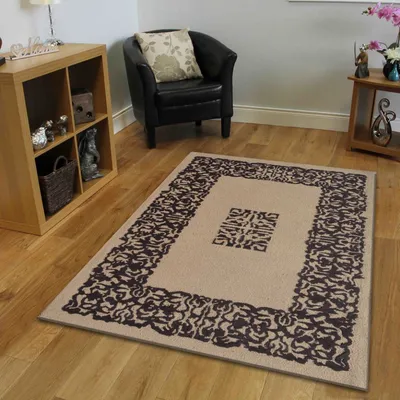 Traditional Bordered Brown &amp; Beige Tufted Area Carpet
