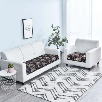 Traditional Motif Strechable Black Sofa Seat Cover Set of 2/4/6/8