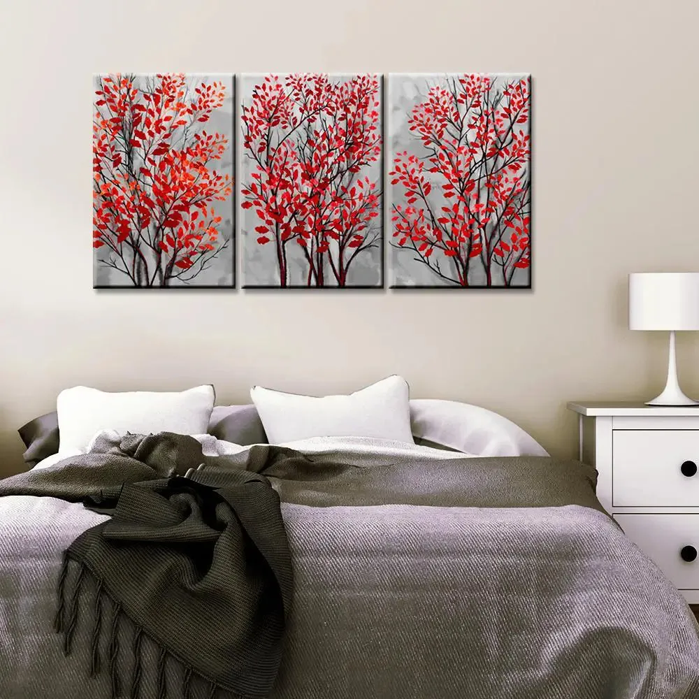 Tree Branch with Red Leaf 3 Pieces Modern Art Canvas Printed Painting