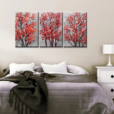 Tree Branch with Red Leaf 3 Pieces Modern Art Canvas Printed Painting