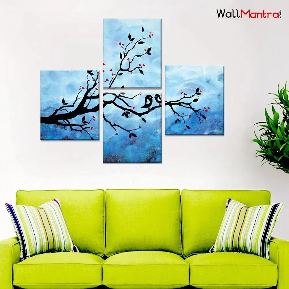 Tree Wall Painting With Romantic Bird Couple in Night Canvas Wall Art