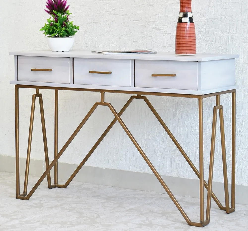 Triple Drawer Solid Wood Black Console Table With Golden Iron Frame