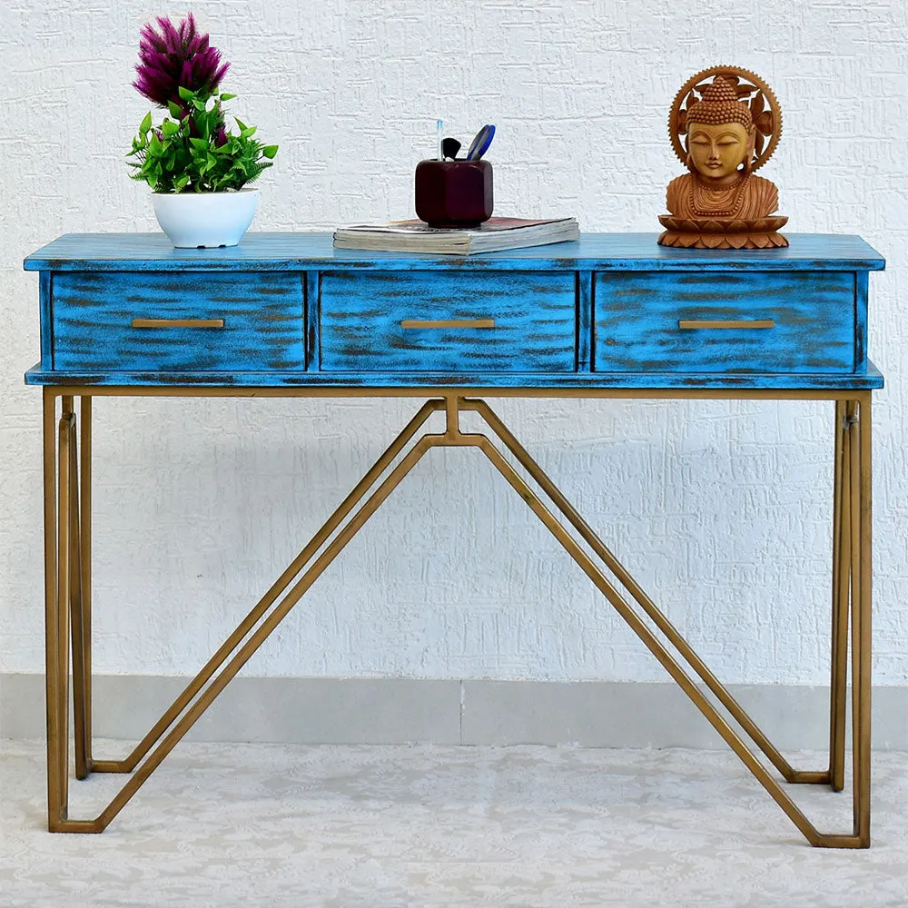 Triple Drawer Solid Wood Distressed Blue Console Table With Golden Iron Frame