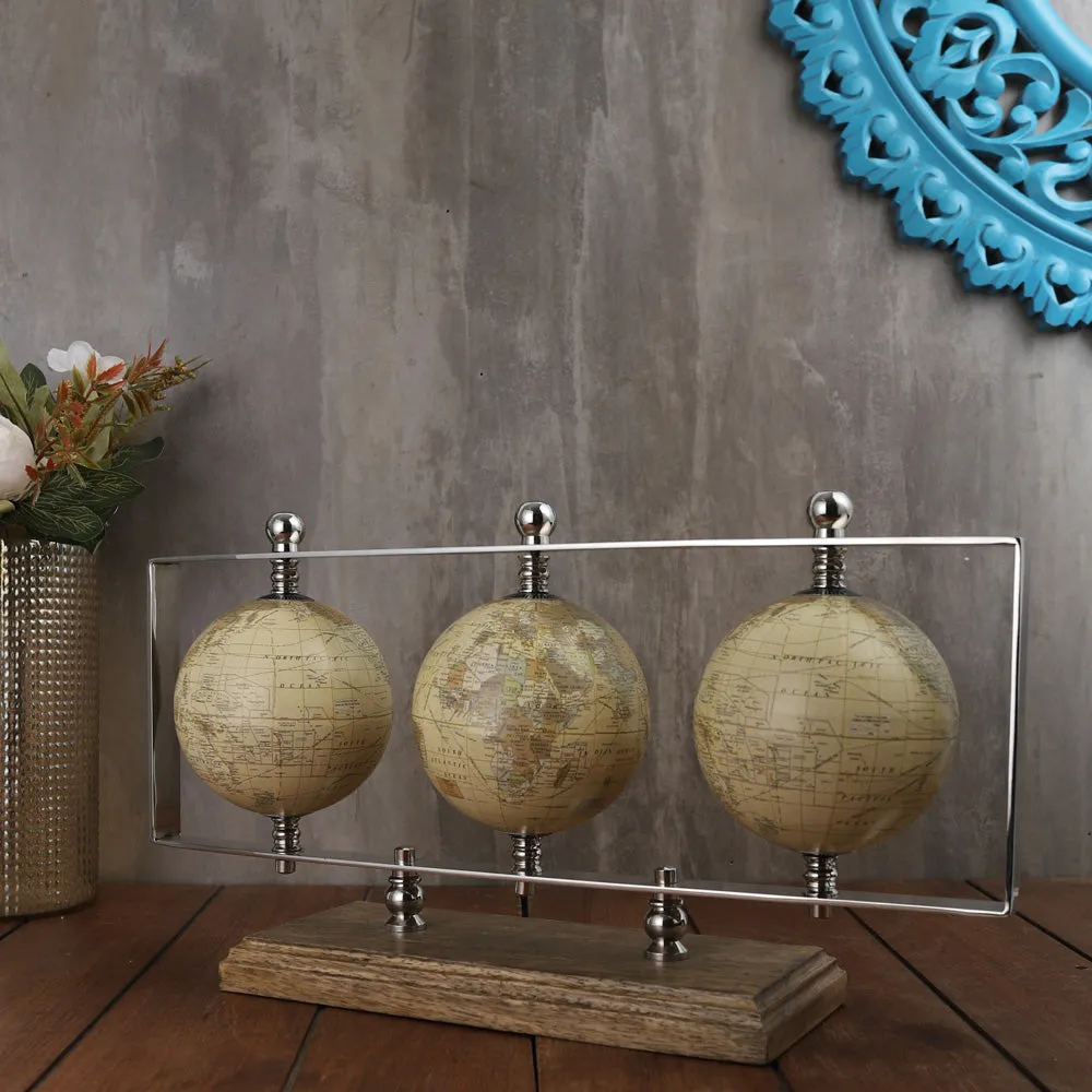 Triple Vertical Silver Globe Stand Table Decor
