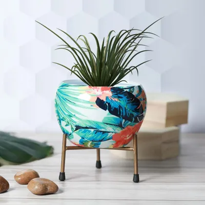 Tropical Blue and Golden Resilient Metal Plant Pot With Stand Set Of 1