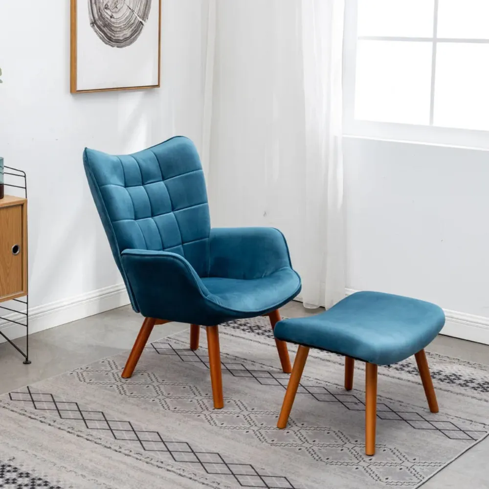 Tufted Curvy Long Back Sea Green Lounge Chair With Ottoman