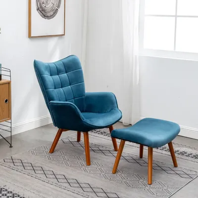 Tufted Curvy Long Back Sea Green Lounge Chair With Ottoman