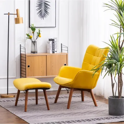 Tufted Curvy Long Back Yellow Lounge Chair With Ottoman