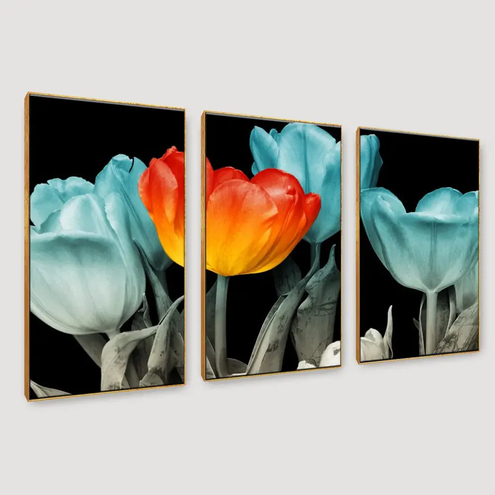 Tulip Flower Wall Art Canvas Painting In 3 Pieces Wooden Frame