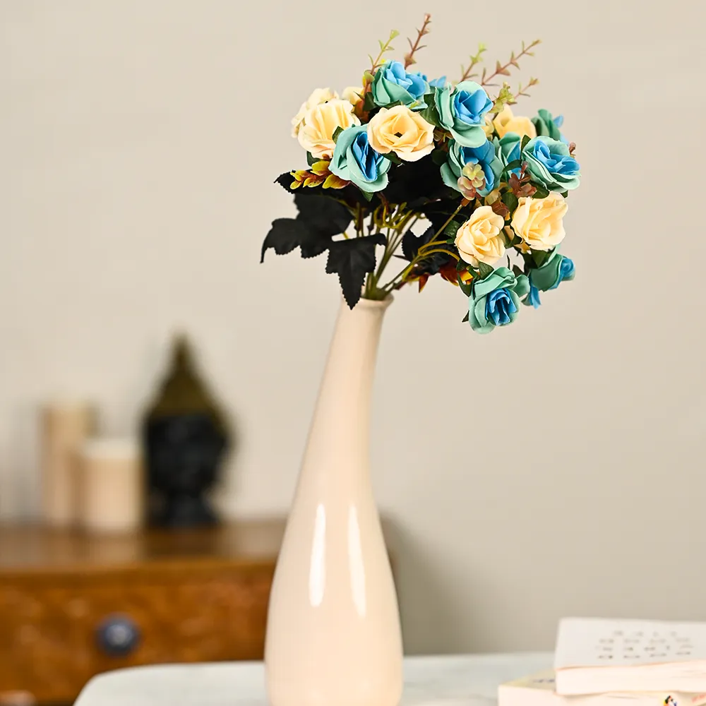 Turquoise & Yellow Artificial Rose Bunch Set Of 2