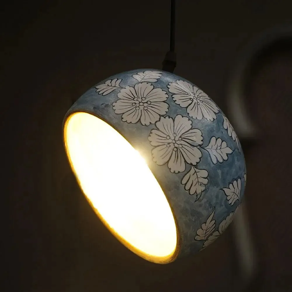 Unique Floral Design Wooden Hanging Light Without Bulb - Blue