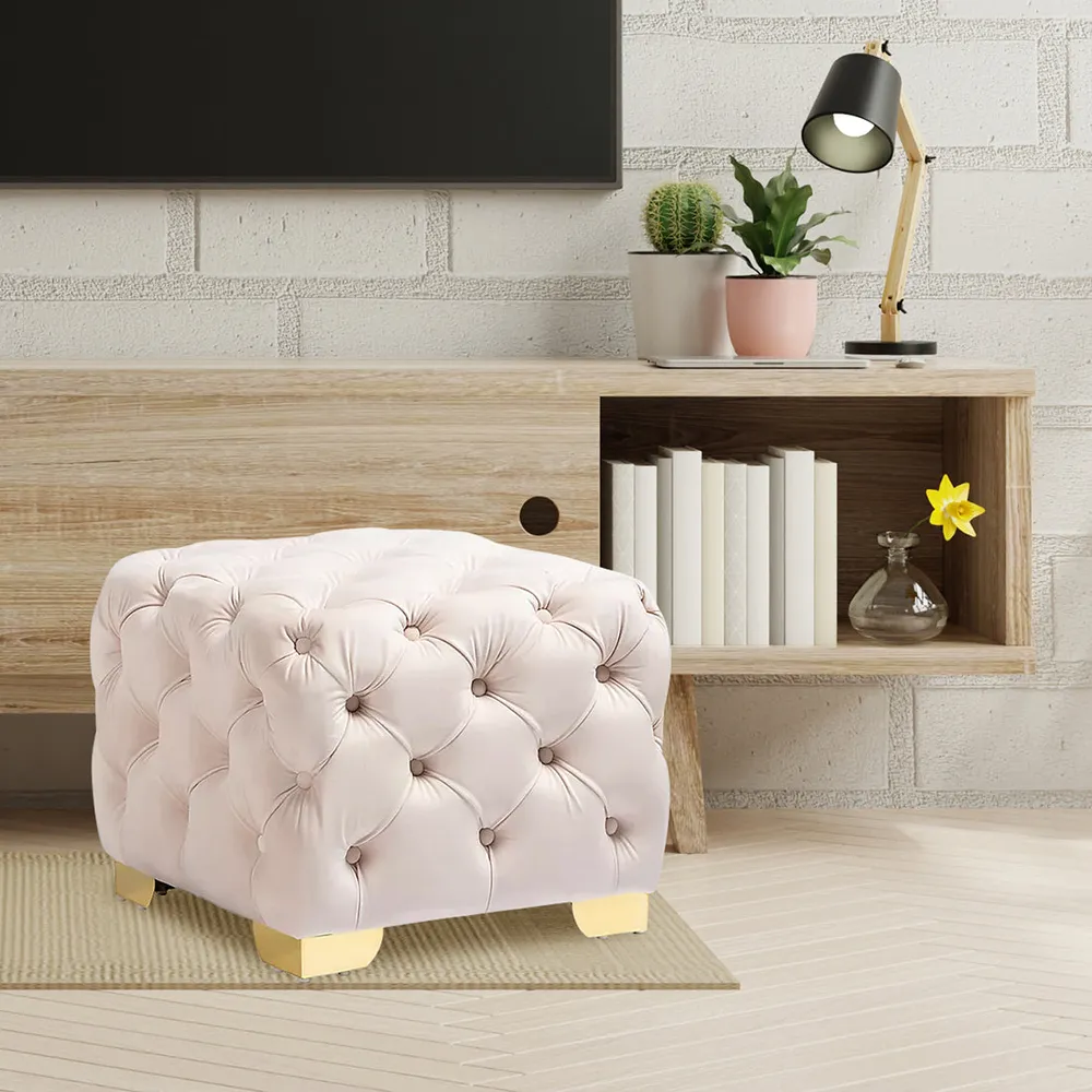 Velvet Tufted Button Puffy Stool In Beige