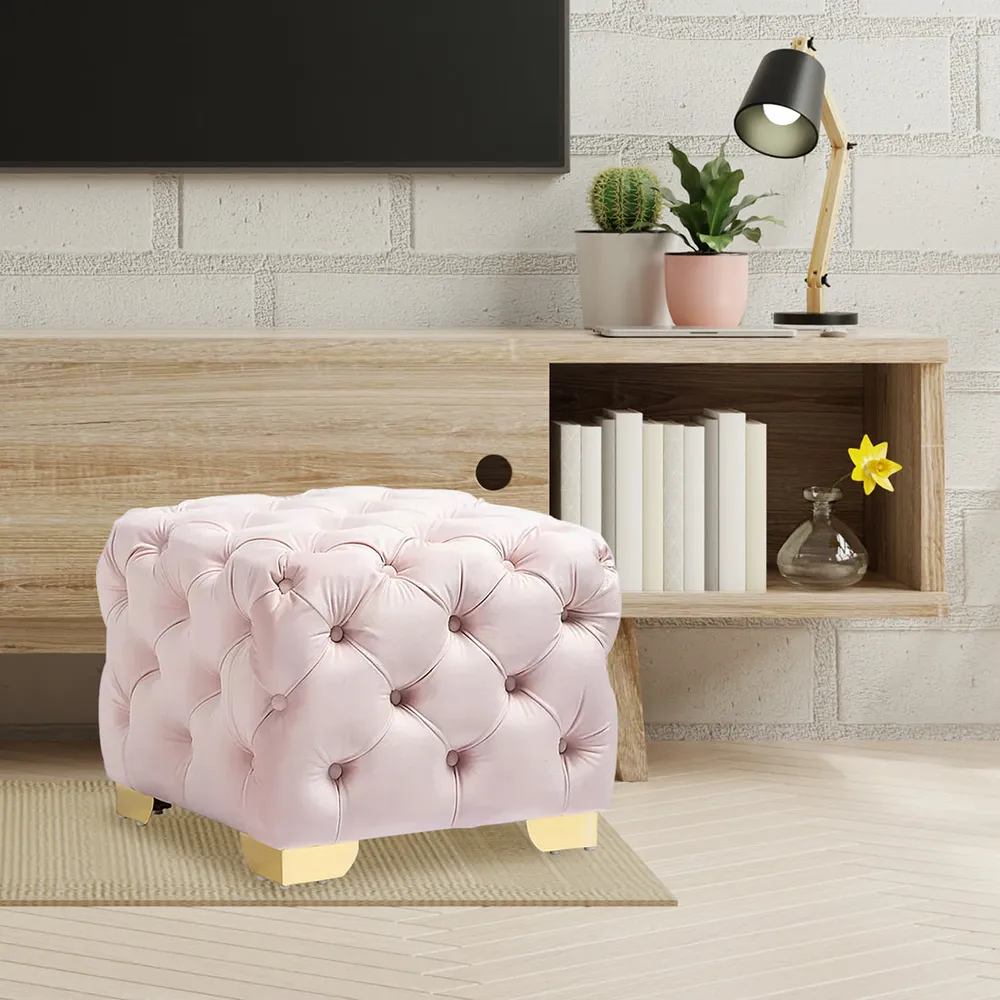Velvet Tufted Button Puffy Stool In Pink