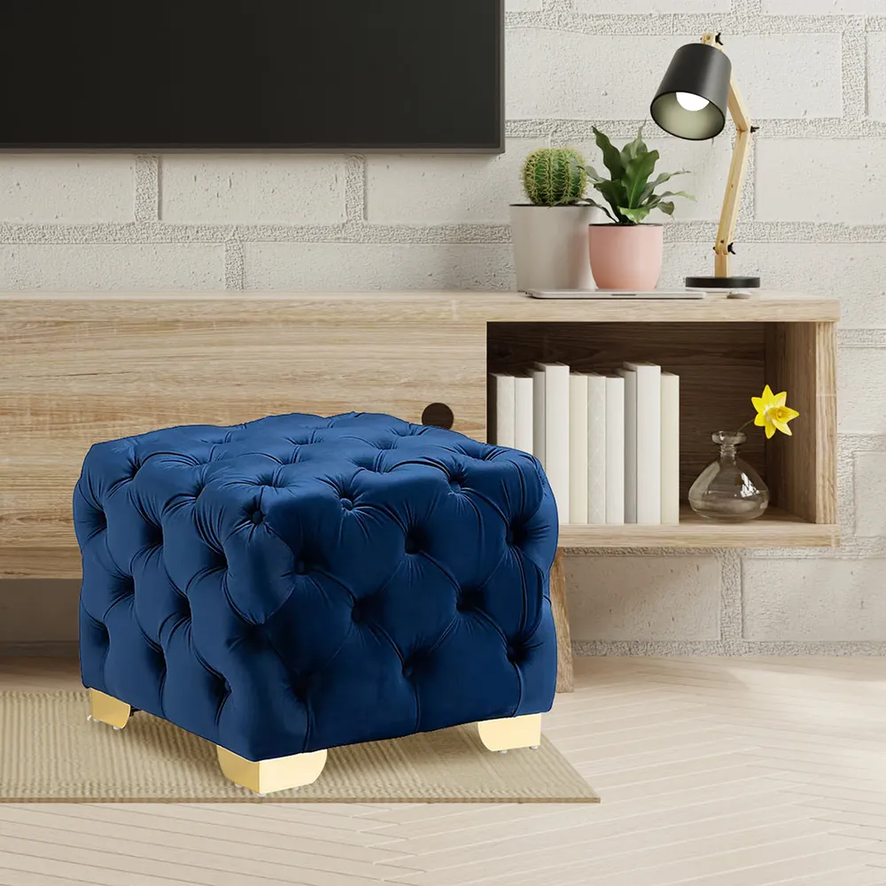Velvet Tufted Button Puffy Stool In Royal Blue