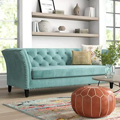 WallMantra Velvet Upholstered Button Tufted 3 Seater Sofa – Sea Blue