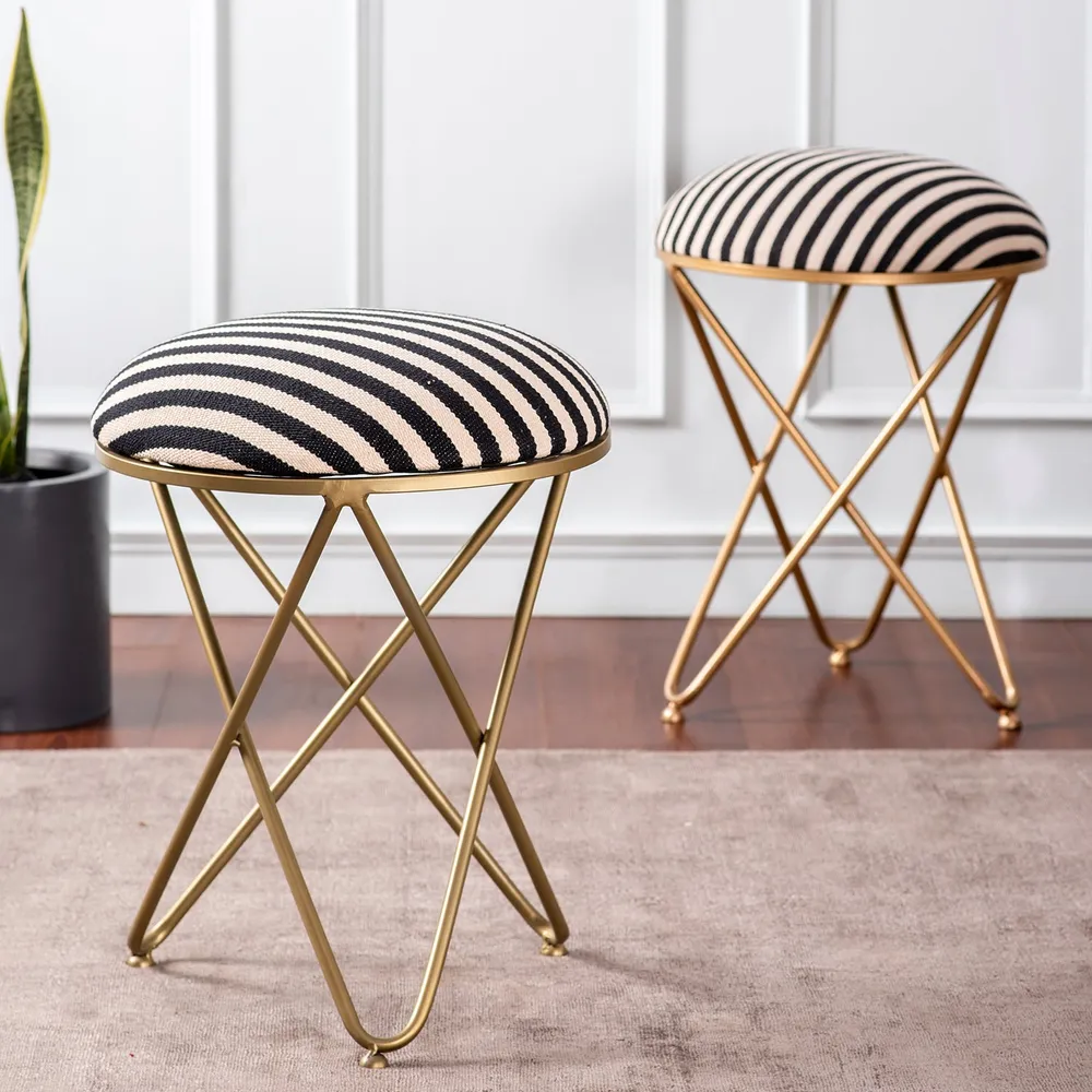 Vibrant Black & White Striped Woven Jacquard Metal Ottoman Stool Set Of 2