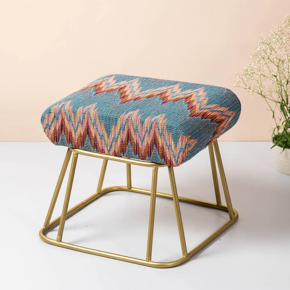Vibrant Multicolored Woven Jacquard Cotton Upholstered Metal Ottoman Stool