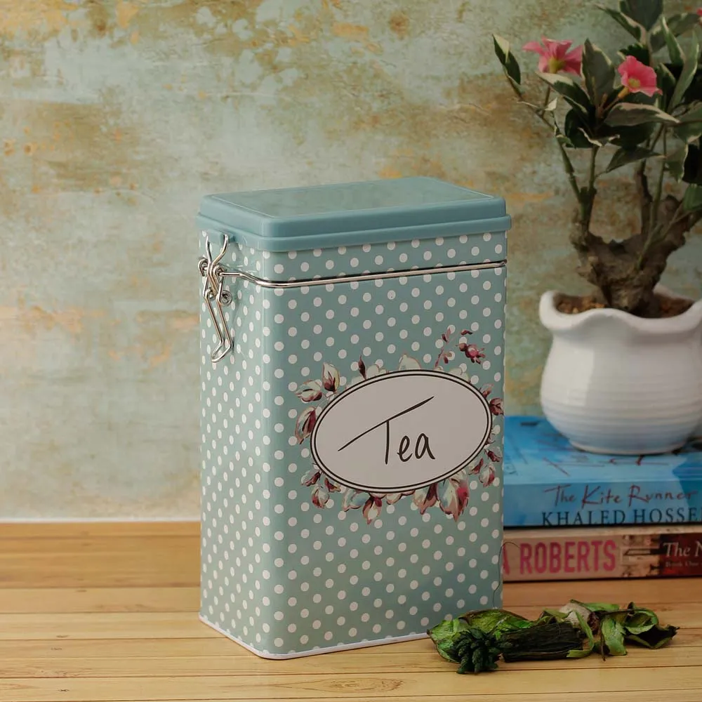 Vintage Blue Dotted Tea Storage Box With Hinged Lid