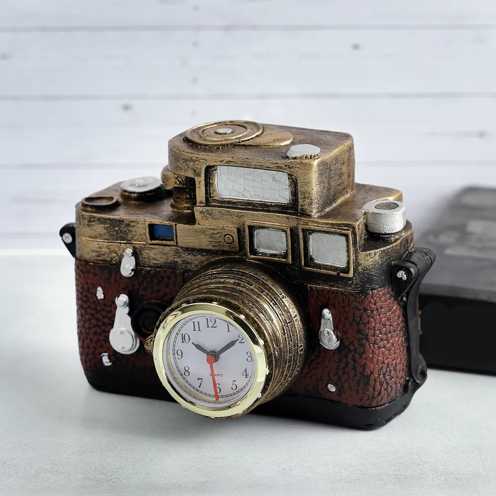 Vintage Motif Brown Camera Clock Decorative Table Accent