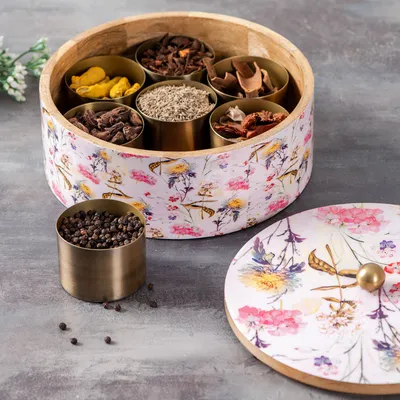 Vintage Patterned Wood & Stainless Steel Jars Masala/ Spice Box