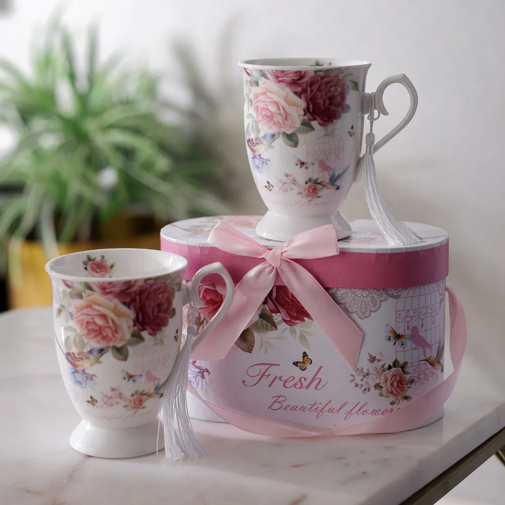 Vintage Rose Printed Tall Teacups Set Of 2